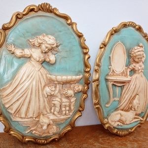 Vintage 1950's Chalkware Wall Plaques.  Hand painted light blue and gold